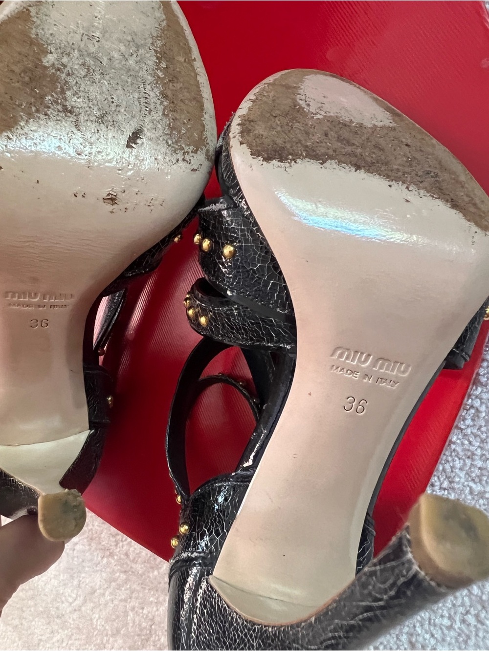 Miu Miu Black Crackled Leather Studded Strappy High-Heel Sandals ā¤ļøāš„ - Picture 9 of 16